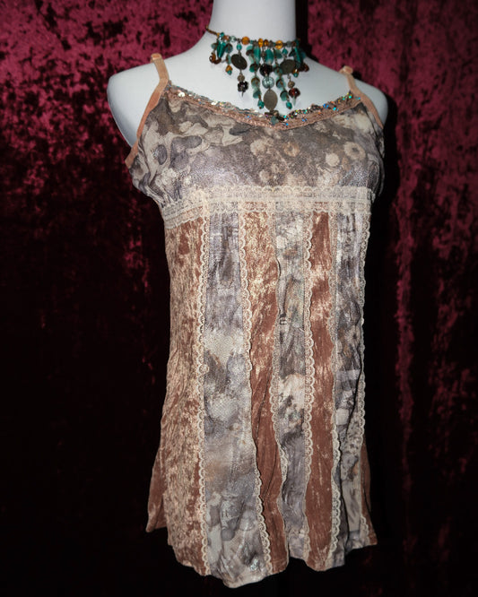 [Korea] Woodsmoke Velvet & Mesh Striped Fairy Cami