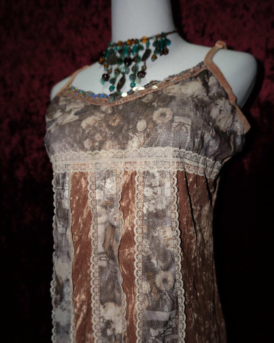 [Korea] Woodsmoke Velvet & Mesh Striped Fairy Cami