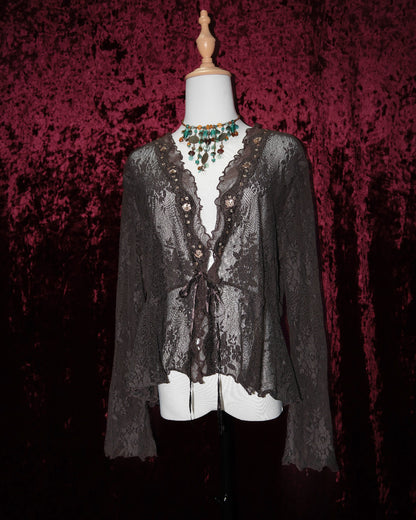 [USA] Dark Hazel Lace Ruffled Tie-Front Shrug