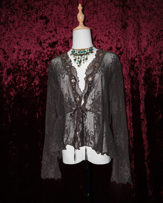 [USA] Dark Hazel Lace Ruffled Tie-Front Shrug