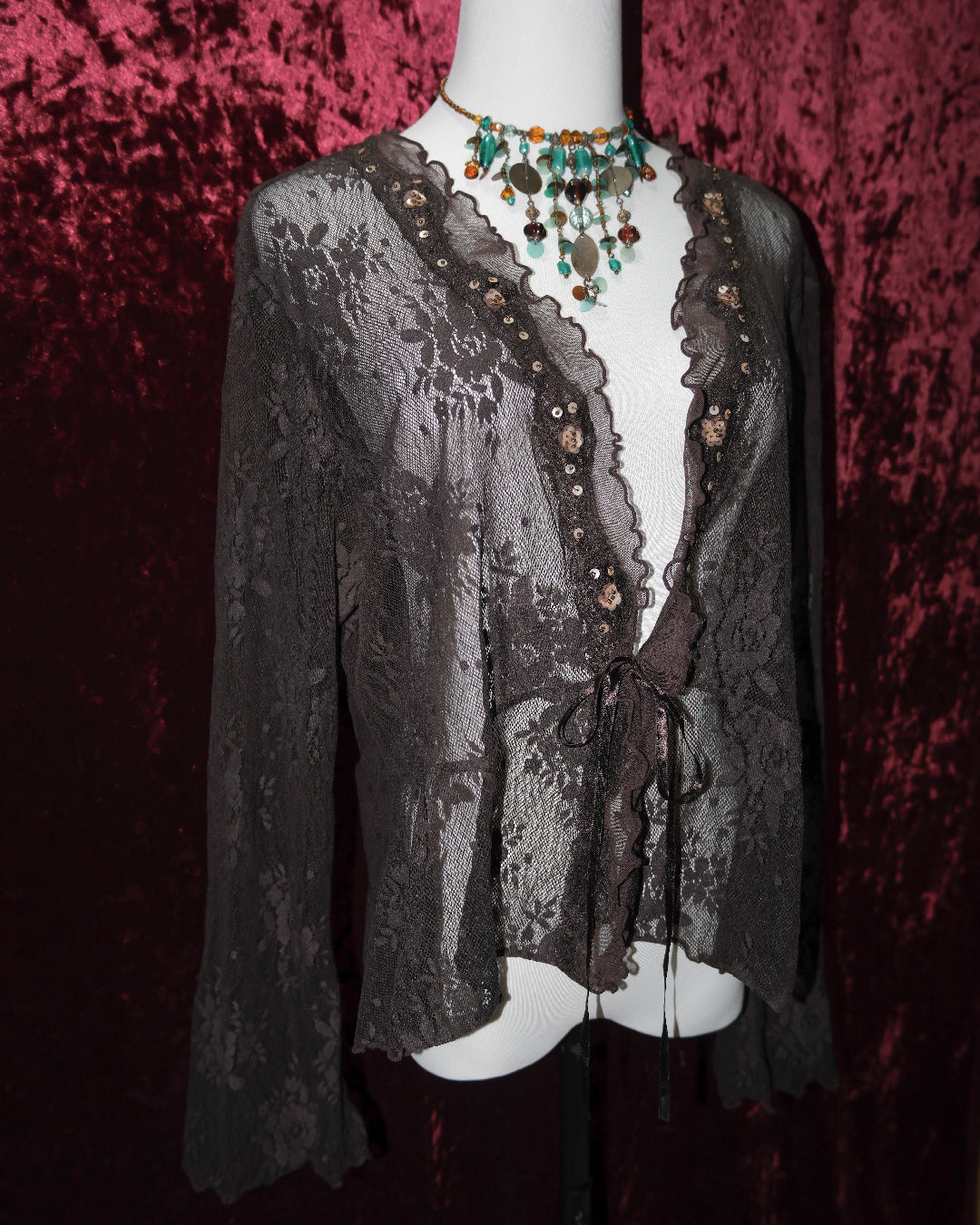 [USA] Dark Hazel Lace Ruffled Tie-Front Shrug