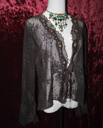 [USA] Dark Hazel Lace Ruffled Tie-Front Shrug