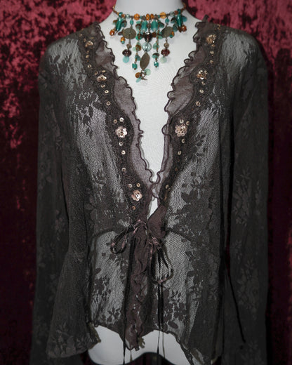 [USA] Dark Hazel Lace Ruffled Tie-Front Shrug