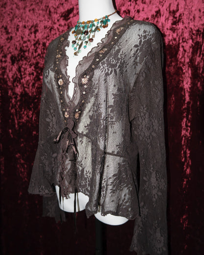 [USA] Dark Hazel Lace Ruffled Tie-Front Shrug