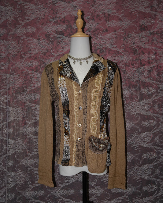 Alberto Makali Latte Leopard Patchwork Cardigan